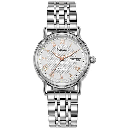 Women's automatic mechanical watch with 12mm thickness showing steel belt and leather strap options in various colours