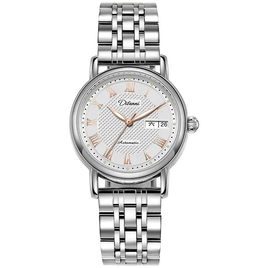Women's automatic mechanical watch with 12mm thickness showing steel belt and leather strap options in various colours