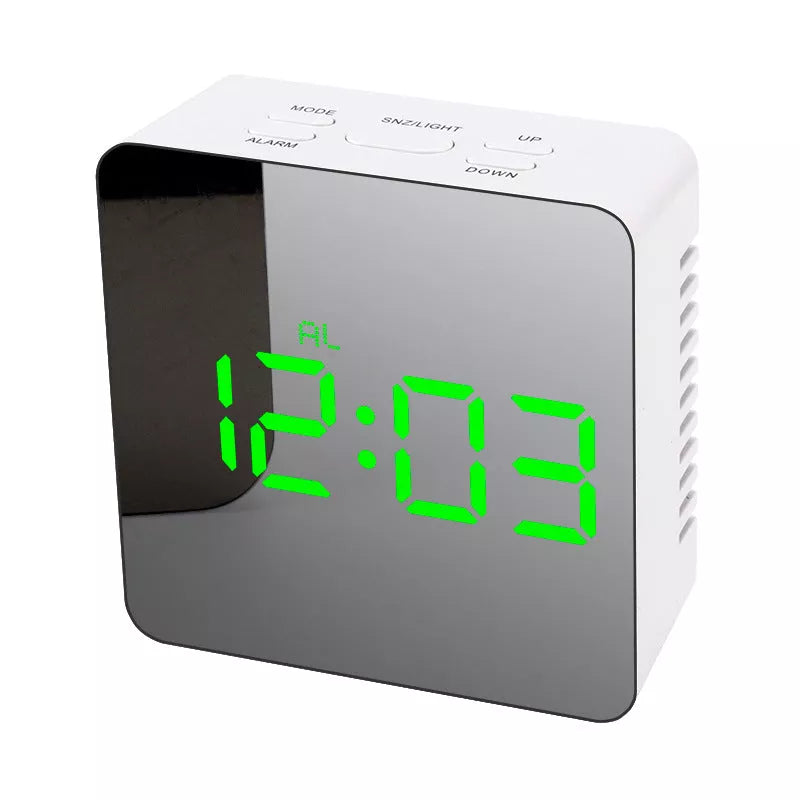 LED Digital Mirror Alarm Clock with customizable light colors on a desktop
