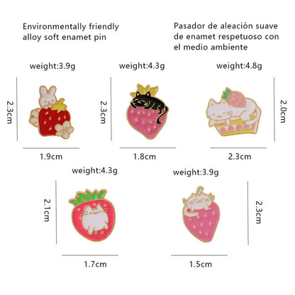 Close-up of a cute cat strawberry and dripping cake oil design metal alloy brooch pin.