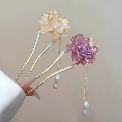Purple and white peony flower U-shaped hairpin with tassel detailing on alloy barrette