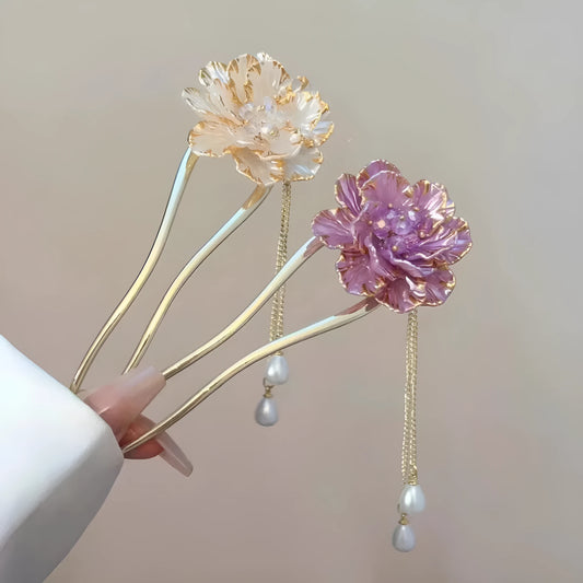 Purple and white peony flower U-shaped hairpin with tassel detailing on alloy barrette
