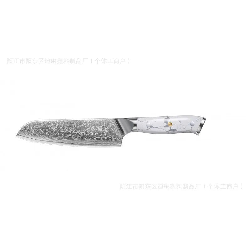 Damascus pattern VG10 steel chef's knife with a 21cm blade and simple handle on a wooden cutting board.