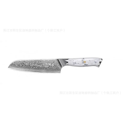 Damascus-patterned chef's knife with 21cm VG10 steel blade and ergonomic handle on a wooden cutting board.