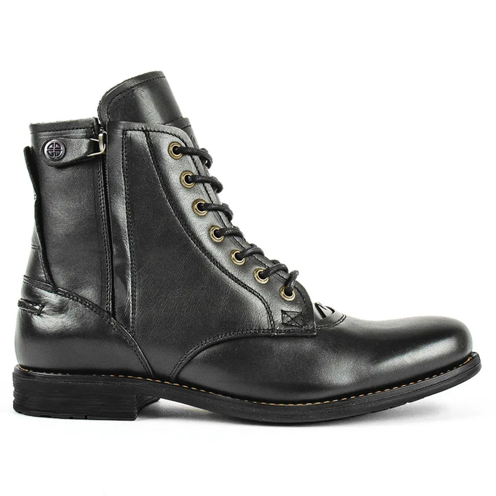 Knight Series black and brown leather boots with side zipper, low heel, and two-tone design