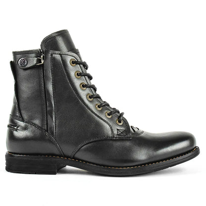 Knight Series black and brown leather boots with side zipper, low heel, and two-tone design