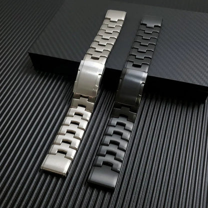 Garmin Jiaming Fenix replacement strap showing silver, black, and titanium colour options with 22mm and 26mm width measurements
