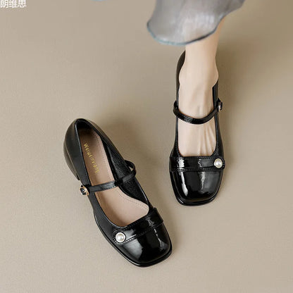 Women's apricot patent leather chunky heel ankle strap pumps with a square toe on a white background