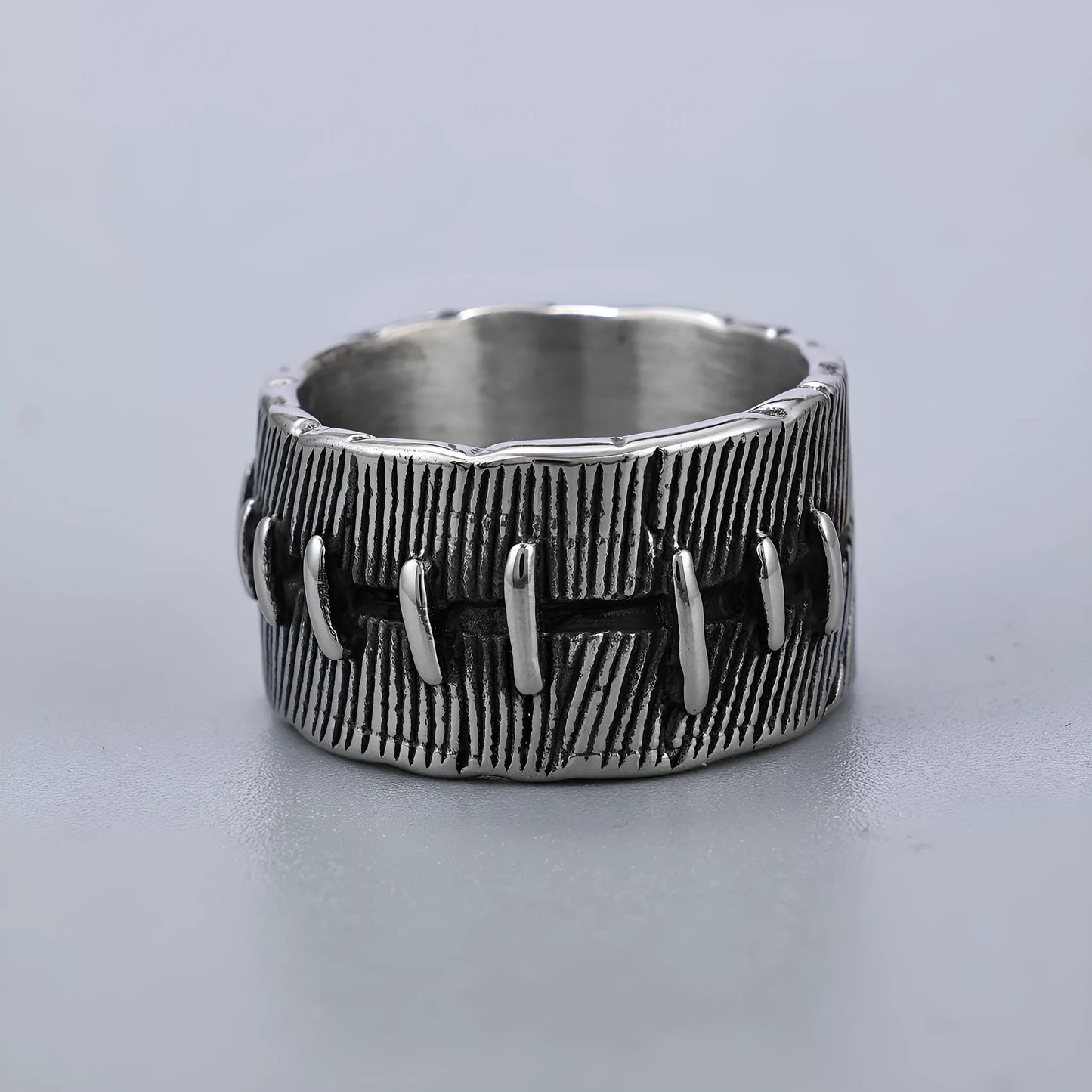 Geometric U-shaped titanium steel double ring with retro finish for dark punk jewellery