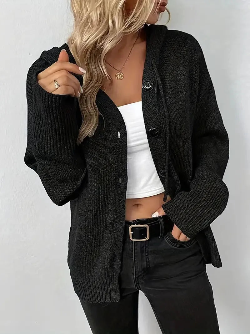 Cotton hooded cardigan sweater for men, loose fit thick knit commute style, solid colour long sleeve casual jacket in Army Green Black Caramel Gray Royal Blue White, available sizes S M L XL XXL with 50cm standard length