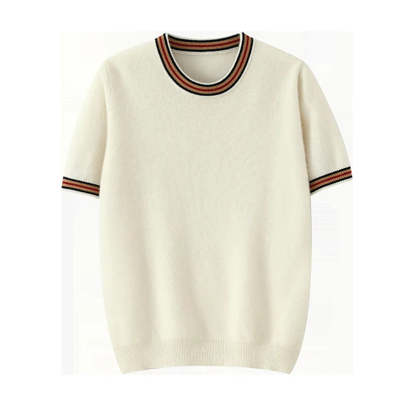 Men's round neck pure wool short sleeve sweater in grey showing 50cm length and regular sleeve design