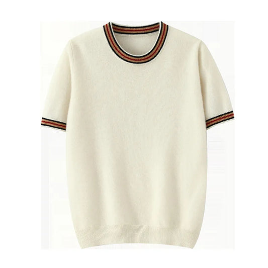 Men's round neck pure wool short sleeve sweater in grey showing 50cm length and regular sleeve design