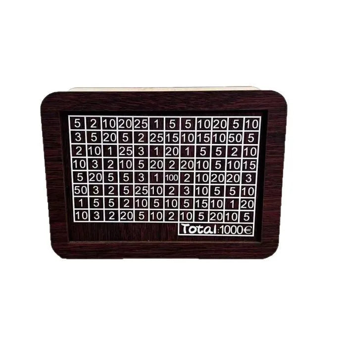 Retro wooden digital coin bank with modern design, showing currency library options.
