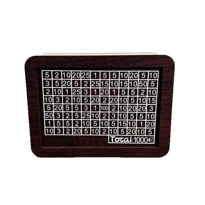 Retro wooden digital coin bank with modern design, showing currency library options.