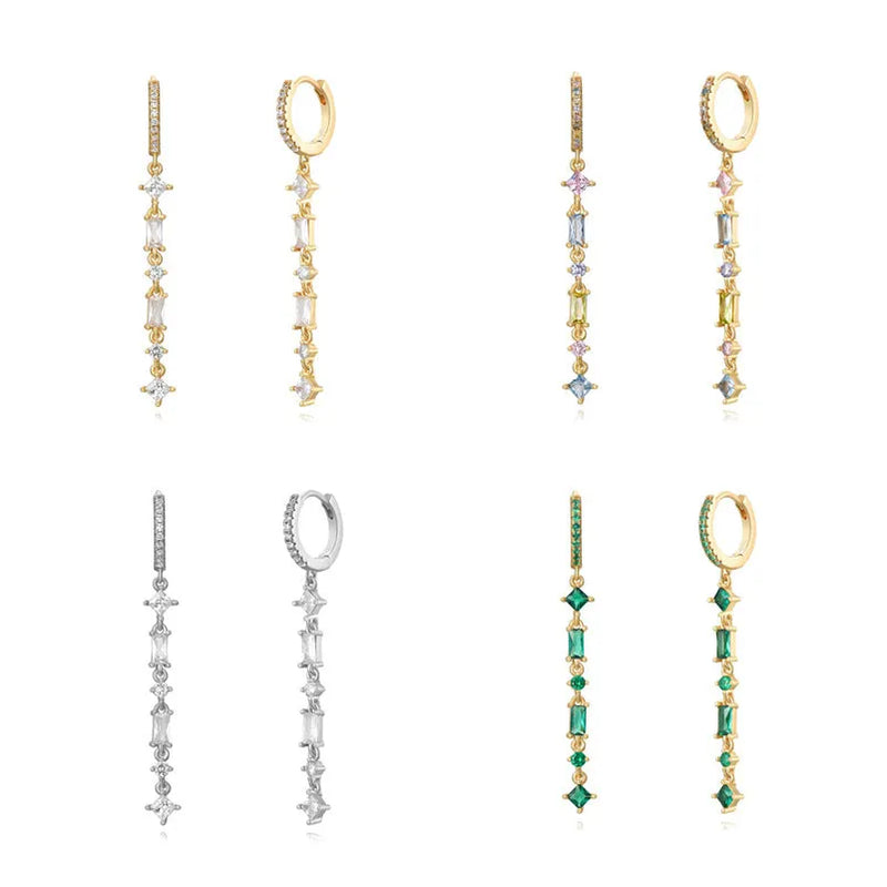 Sterling silver needle micro-inlaid zircon fashion tassel ear clip earrings for women in U-shaped geometric design with dot, ring, and line detailing available in gold-plated finishes with colourful zircon, white zircon, or beccarite stones