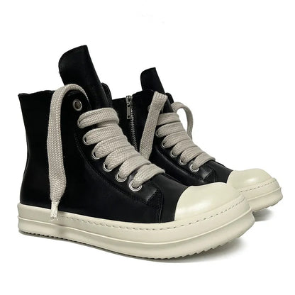 Black high-top leather sneakers with side zipper, round toe, and stitching details on genuine cowhide upper