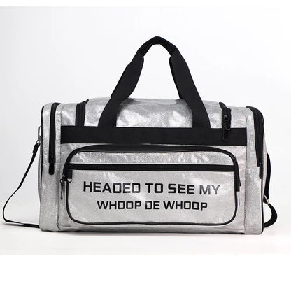 Large silver PU leather sports handbag with letter detailing, showing internal compartments.