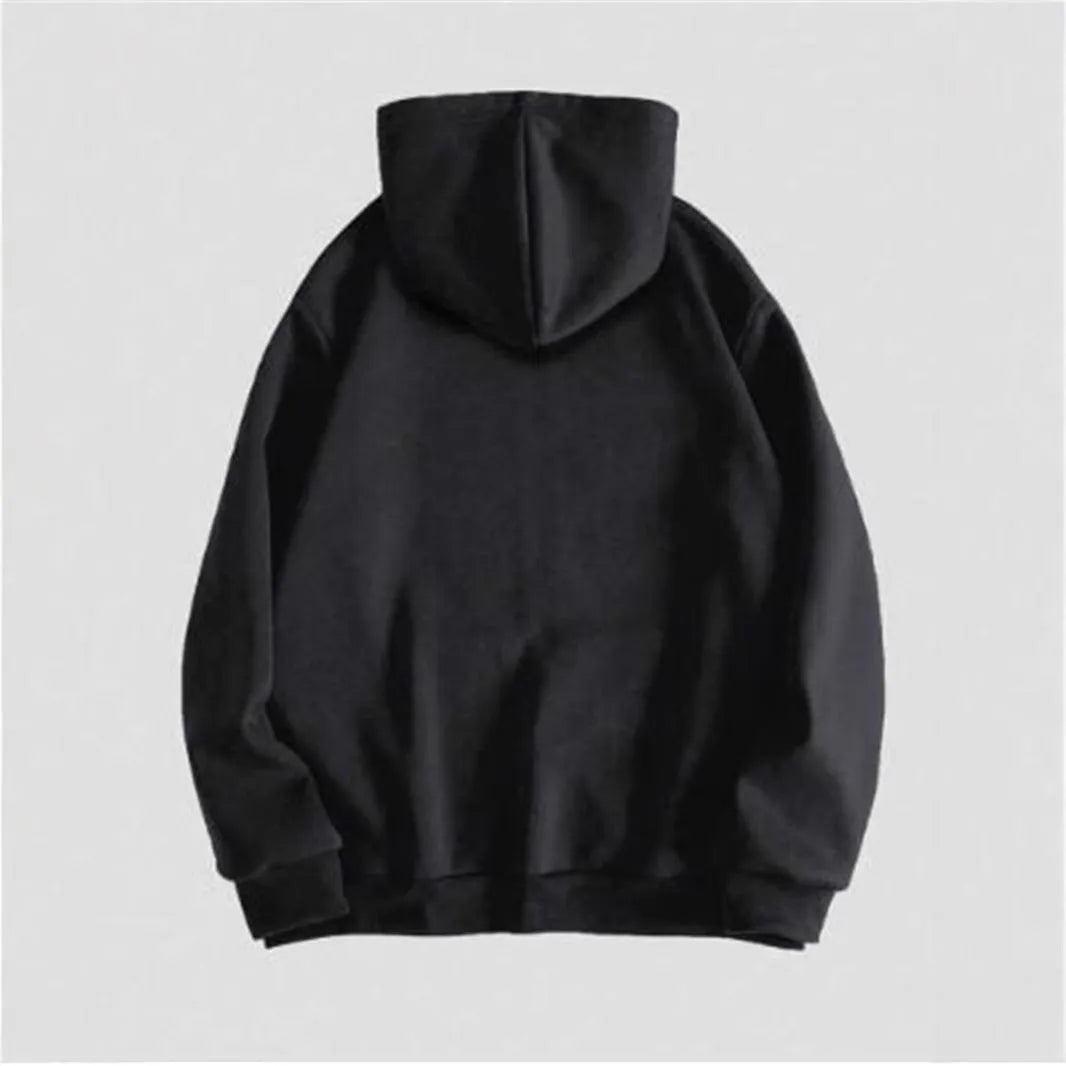 Men's black hooded sweatshirt with a white hot stamp skull design on the front, long sleeves.