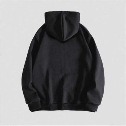 Men's black hooded sweatshirt with a white hot stamp skull design on the front, long sleeves.