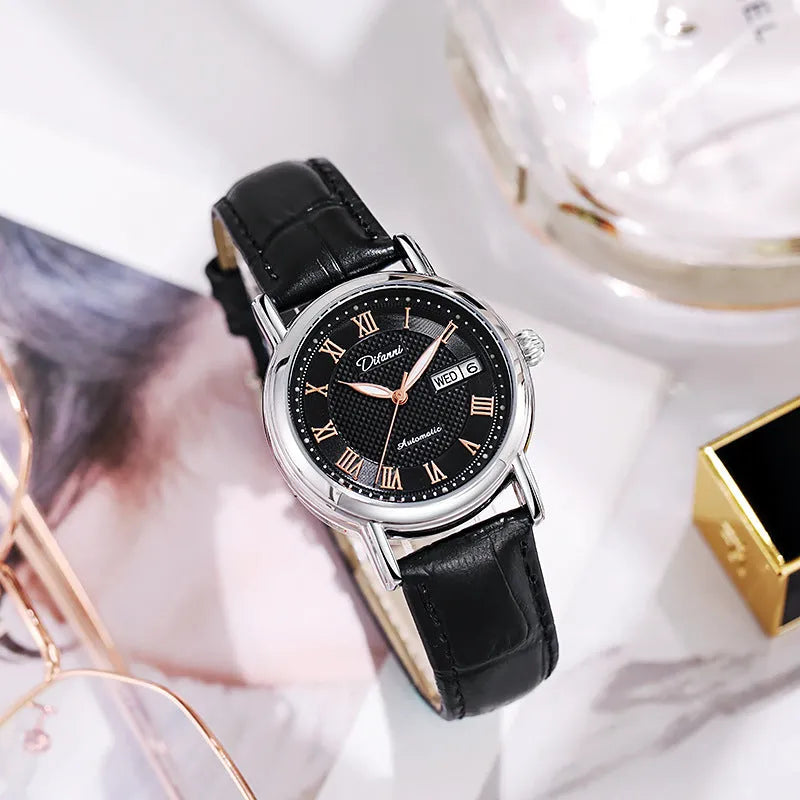 Women's automatic mechanical watch with 12mm thickness showing steel belt and leather strap options in various colours