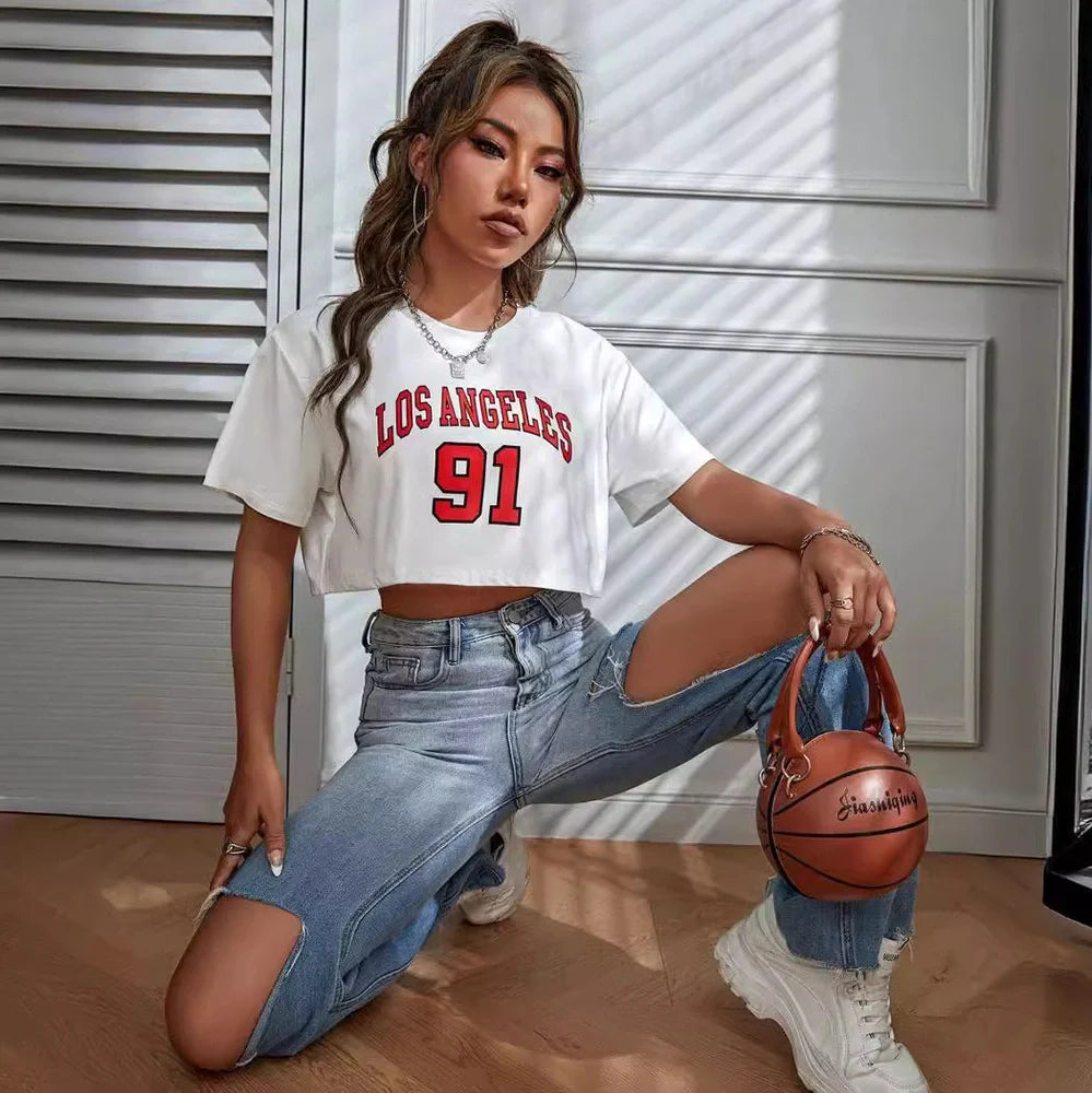 Personalised English letters summer t-shirt with exposed navel design in black or white with custom text printing