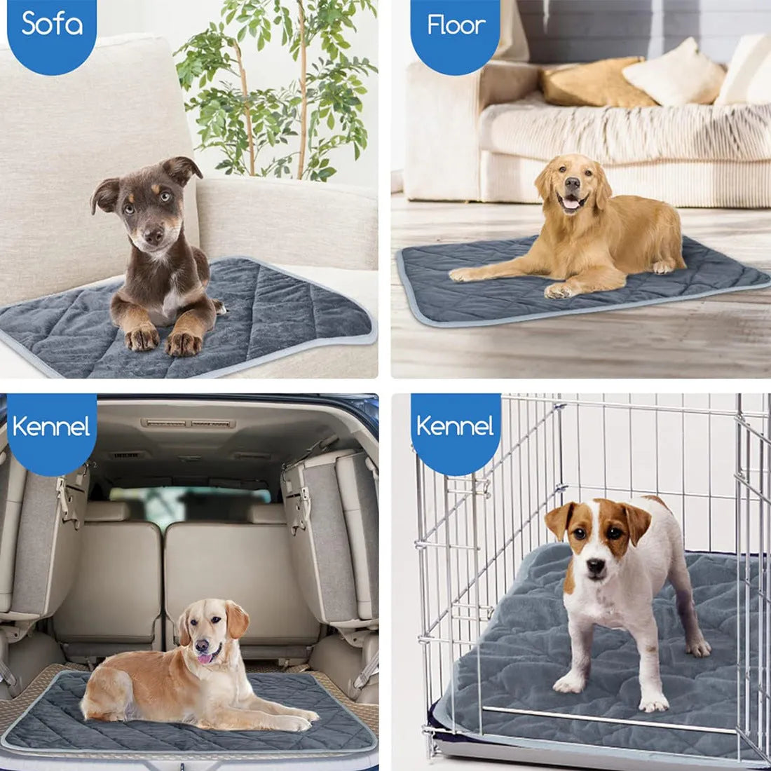 Soft grey multi-layer cloth pet cushion shown in a home setting.