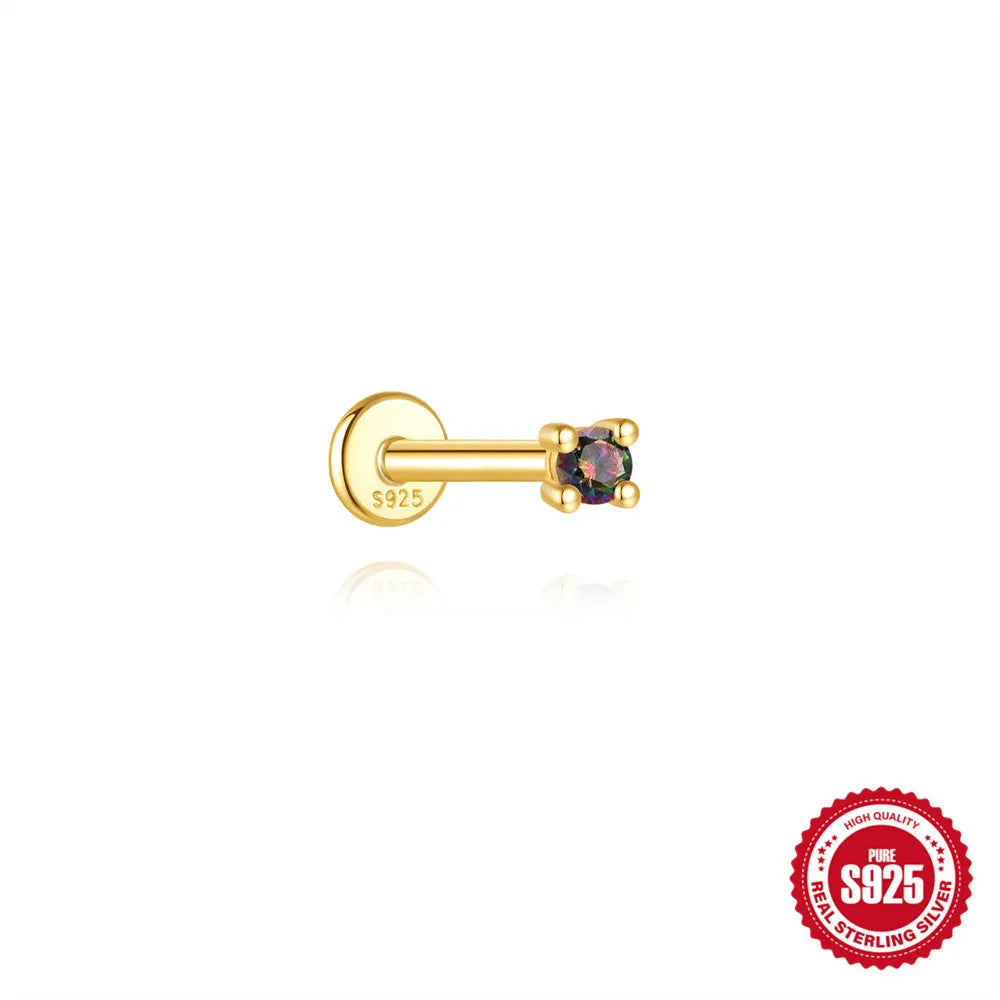 S925 sterling silver flat head thread piercing earring with super shiny rainbow stone, gold colour.
