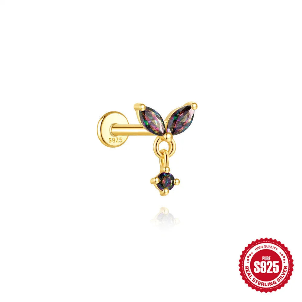 S925 sterling silver flat head thread piercing earring with super shiny rainbow stone, gold colour.