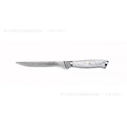 Damascus-patterned chef's knife with 21cm VG10 steel blade and ergonomic handle on a wooden cutting board.