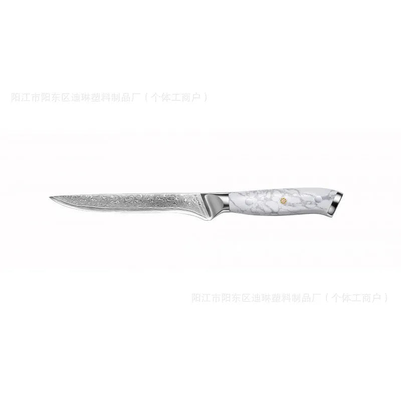 Damascus pattern chef's knife with Pakkawood handle on a wooden cutting board, blade length 21cm.