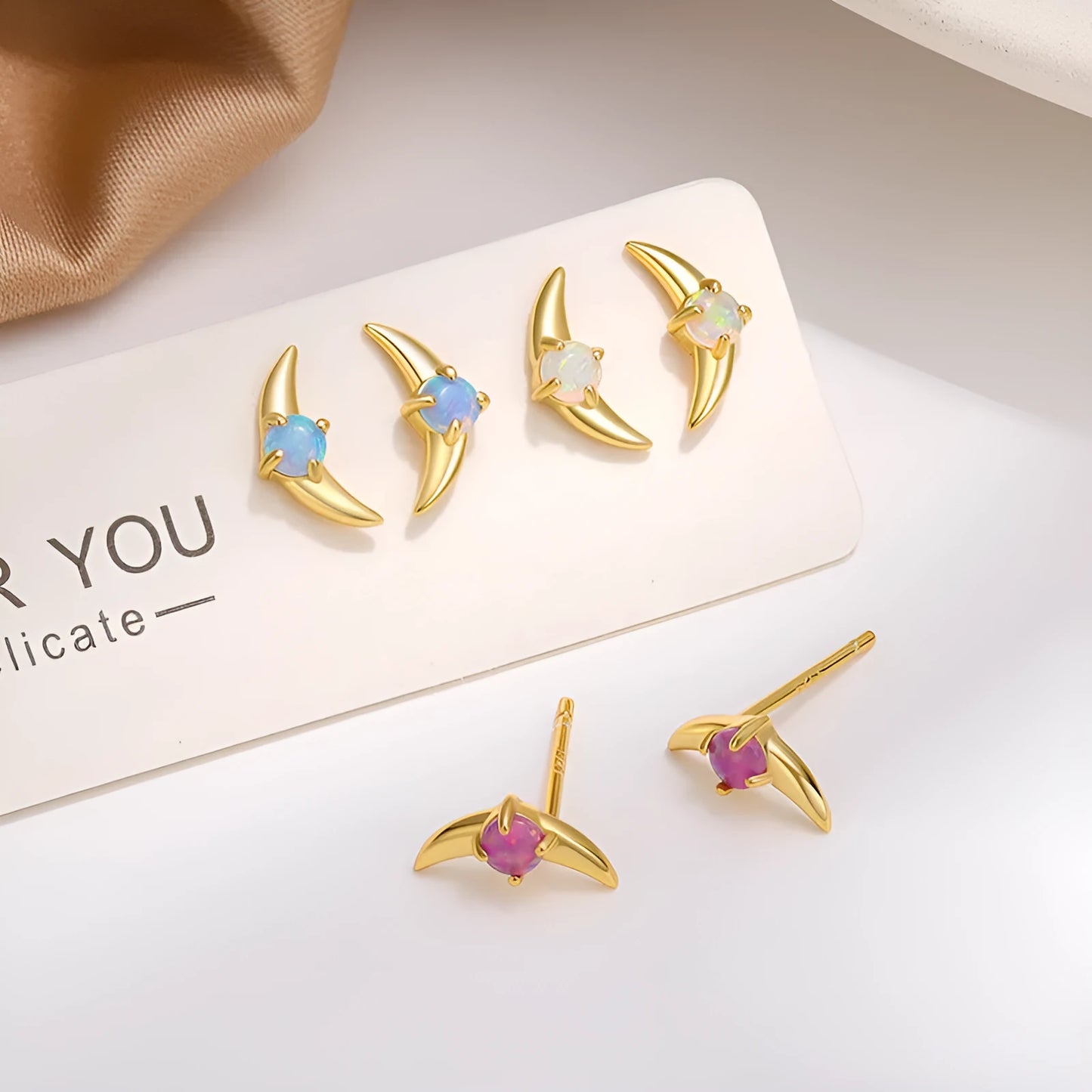 925 silver geometric women's earrings with electroplated finish and stone accents in blue, purple, or white