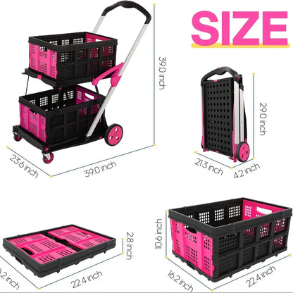 Blue foldable shopping cart with a double-layer plastic basket standing upright.