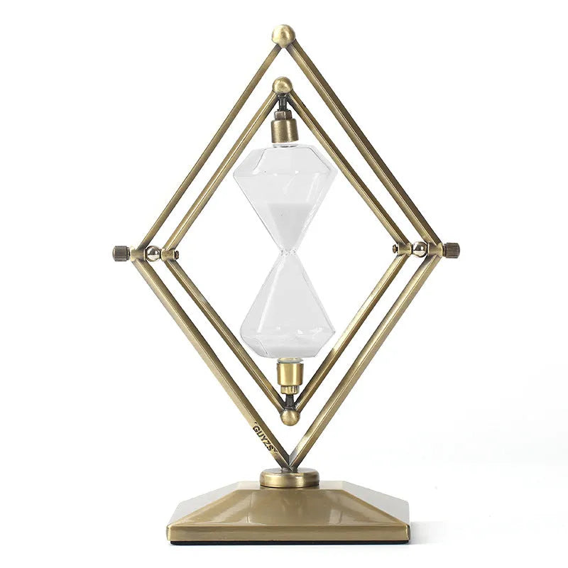 Glass sand timer with zinc alloy metal ornaments in bronze or silver colours, showing sand flow for timing.