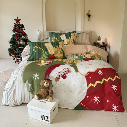 Christmas-themed four-piece bedding set with cartoon digital prints on super soft washed cotton