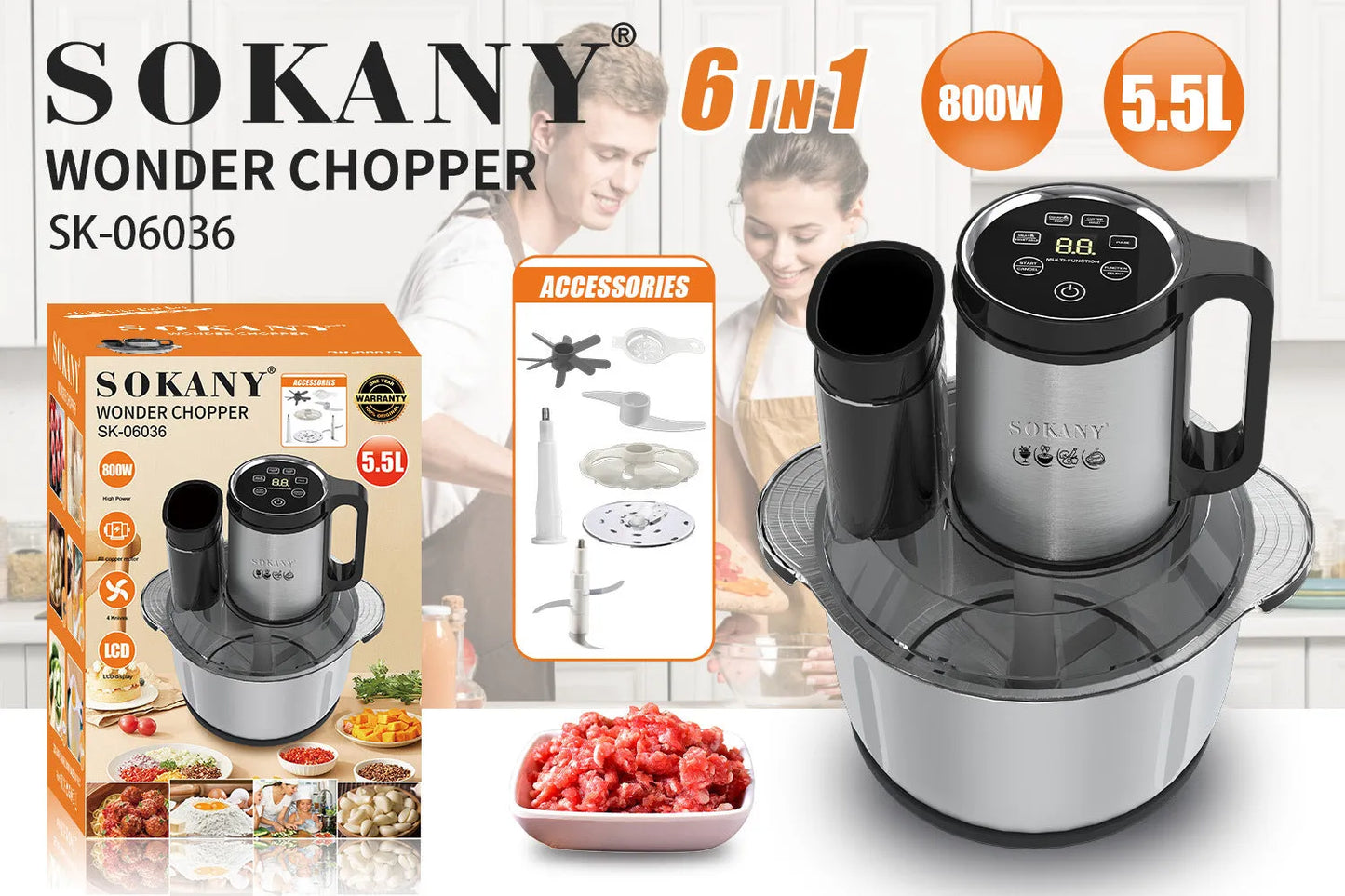 Stainless steel meat grinder machine with 06036 colour coding and food processing attachments