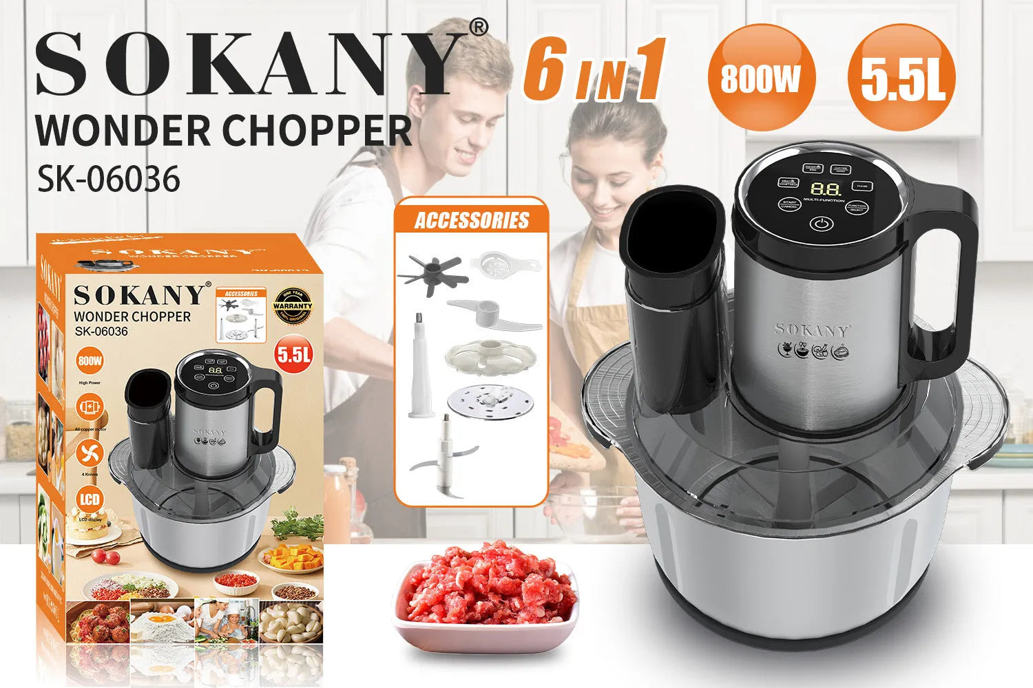 Stainless steel meat grinder machine with 06036 colour coding and food processing attachments
