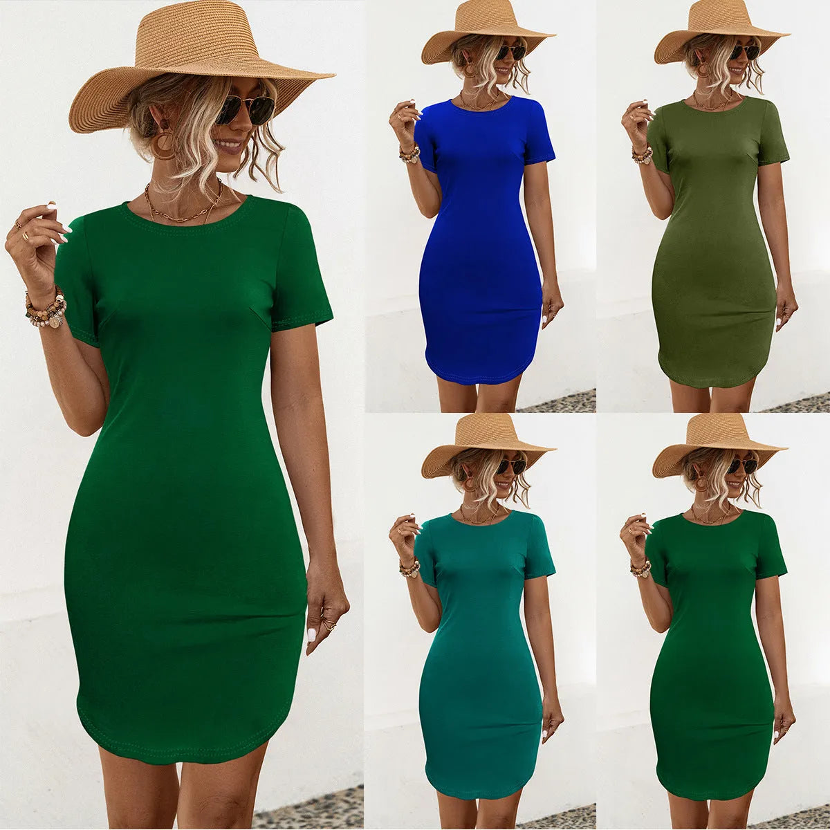 Women's solid colour short sleeve slim dress with U-shaped split in cotton blend fabric, shown in dark green.