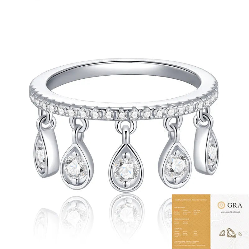 Silver tassel ring for women with moissanite mosaic, crown shape and round design, US sizes 5 to 9