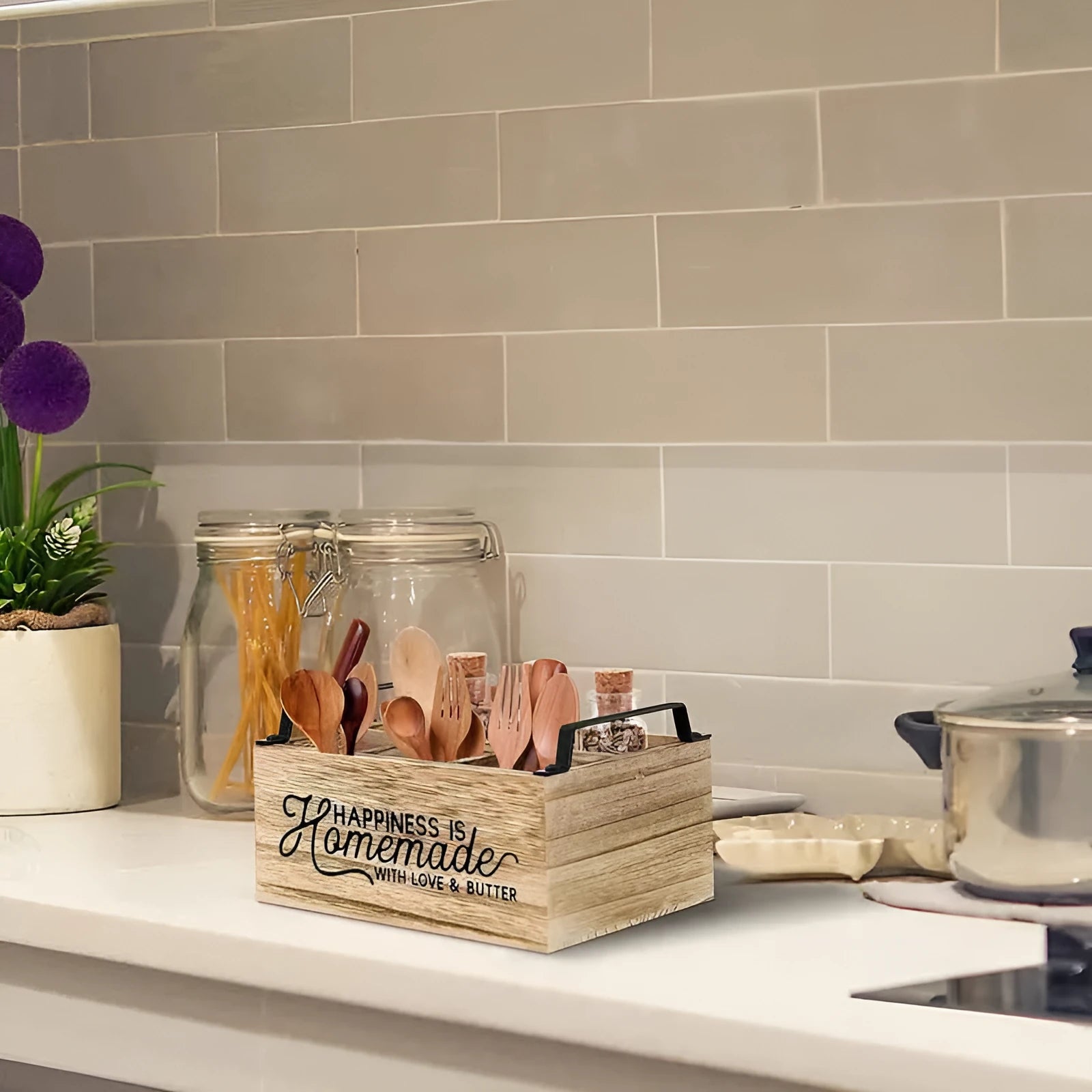 Wooden kitchen organiser box with internal grid for sorting cutlery and utensils
