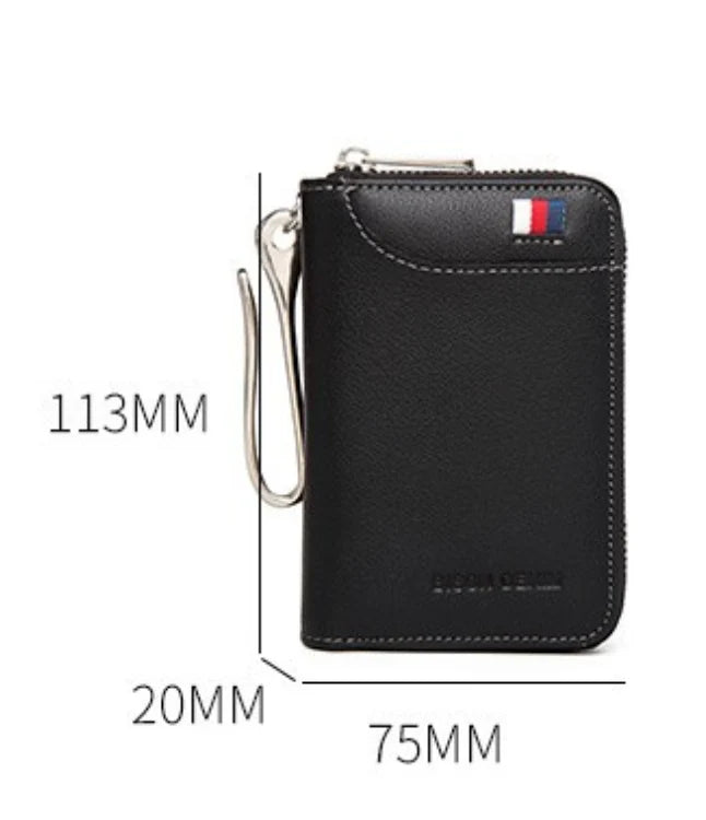 Men's large-capacity zipper real cowhide card case in black color with secure zipper closure and ample storage space