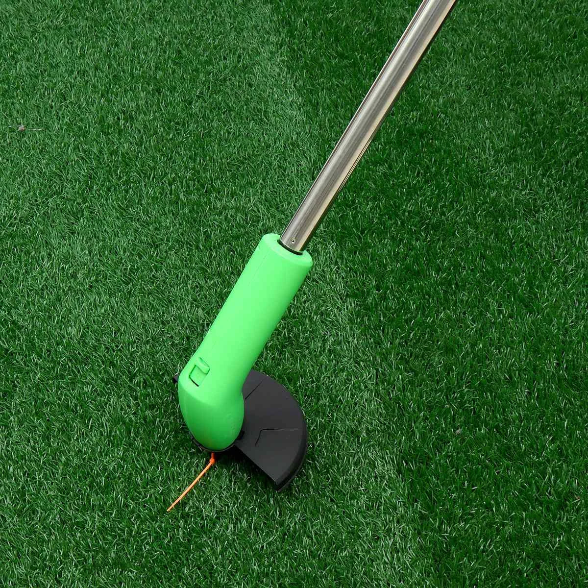 Cordless grass trimmer with adjustable pole and debris shield, perfect for eco-friendly and convenient yard maintenance