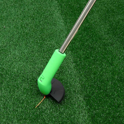 Cordless grass trimmer with adjustable pole and debris shield, perfect for eco-friendly and convenient yard maintenance
