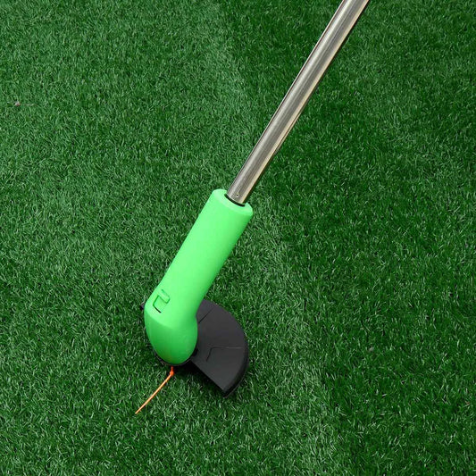 Cordless grass trimmer with adjustable pole and debris shield, perfect for eco-friendly and convenient yard maintenance