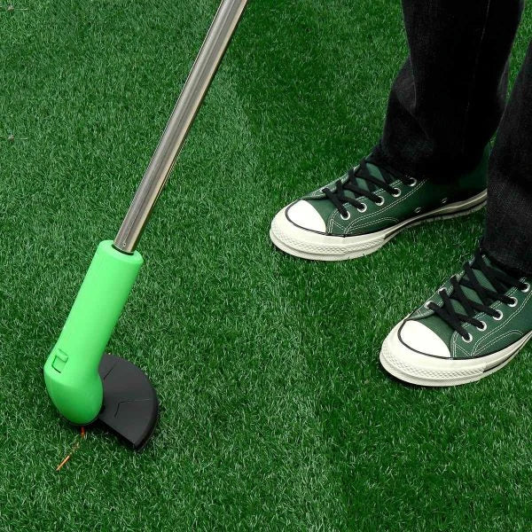 Cordless grass trimmer with adjustable pole and debris shield, perfect for eco-friendly and convenient yard maintenance