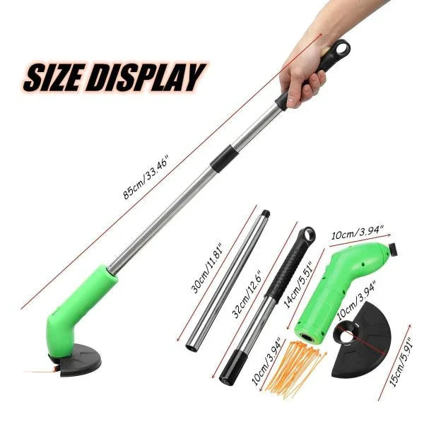 Cordless grass trimmer with adjustable pole and debris shield, perfect for eco-friendly and convenient yard maintenance