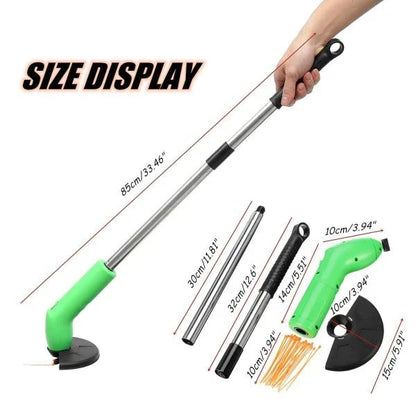 Cordless grass trimmer with adjustable pole and debris shield, perfect for eco-friendly and convenient yard maintenance