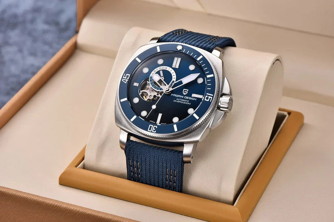 Luxury sports mechanical watch with sapphire crystal dial, 200-meter water resistance, and automatic self-winding movement