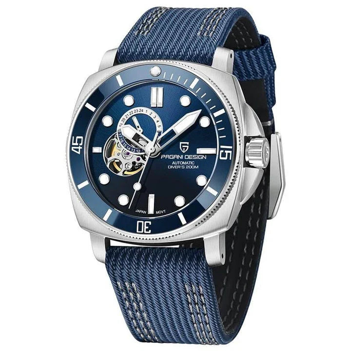 Luxury sports mechanical watch with sapphire crystal dial, 200-meter water resistance, and automatic self-winding movement