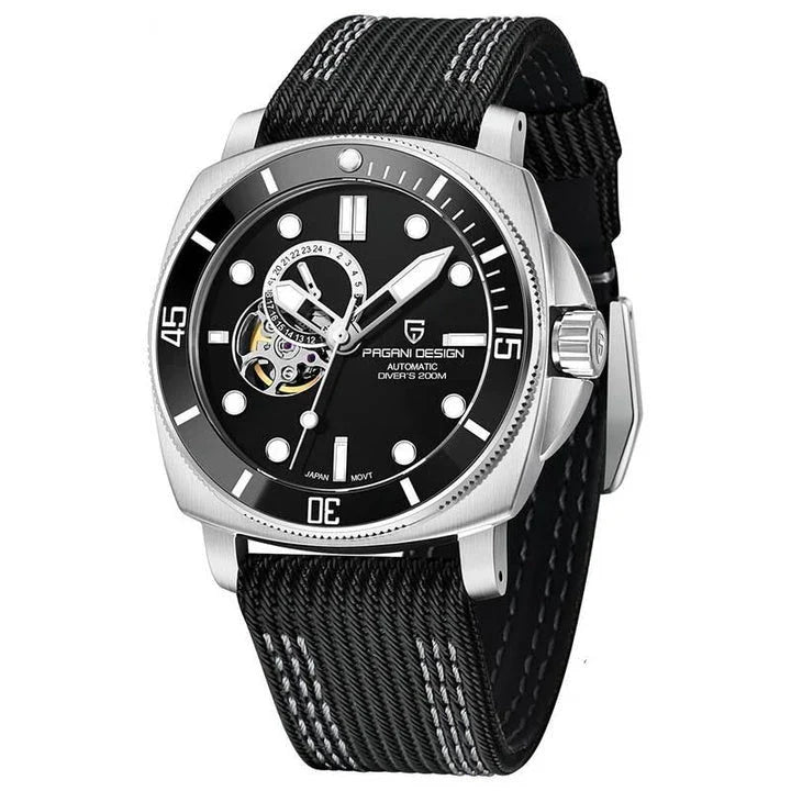 Luxury sports mechanical watch with sapphire crystal dial, 200-meter water resistance, and automatic self-winding movement