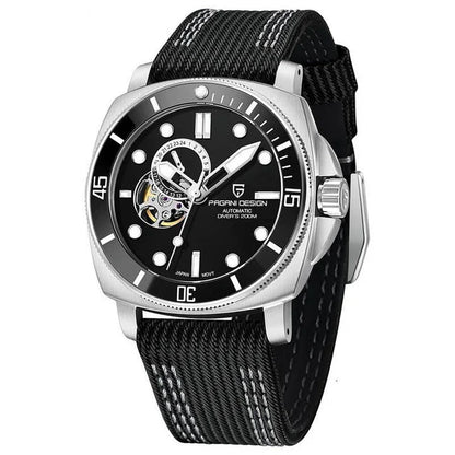 Luxury sports mechanical watch with sapphire crystal dial, 200-meter water resistance, and automatic self-winding movement